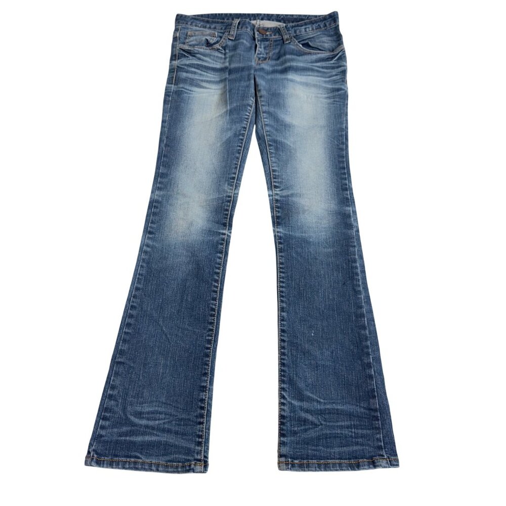Bootcut Denim Jeans With Light Wash Distressing & Faded Details  low waist